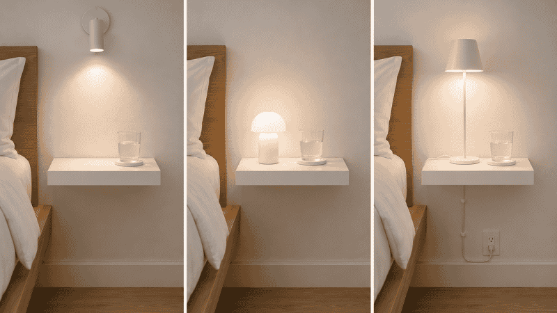 Three lamp solutions for a floating shelf nightstand shown side by side: left shows a wall sconce above the shelf freeing the surface, center shows a rechargeable wireless lamp on the shelf with no cord, right shows a slim plug-in lamp with cord clipped neatly down the wall
