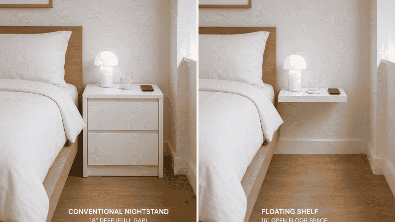 Side-by-side bedroom comparison: left shows a traditional nightstand with full floor footprint beside the bed, right shows the same bedroom with a floating shelf at the same height — identical surface function, zero floor footprint, more visible floor space

