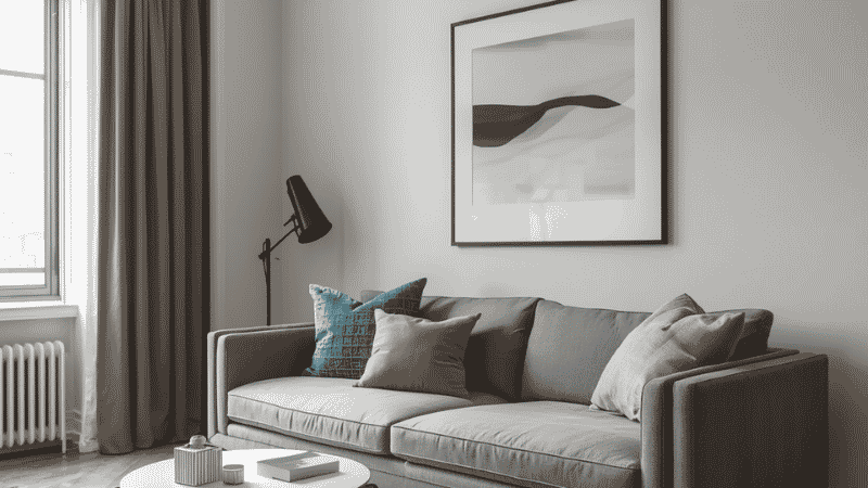 A designer-led floating furniture arrangement showing a sleek grey sofa positioned away from the wall to create depth and better traffic flow in a small room.