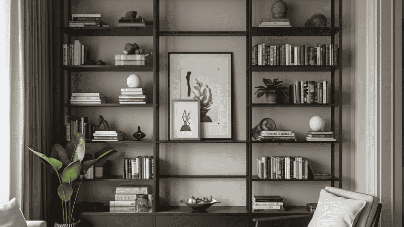 High-reaching vertical shelving unit in a compact living room styled with books and minimalist decor to draw the eye upward and emphasize ceiling height.