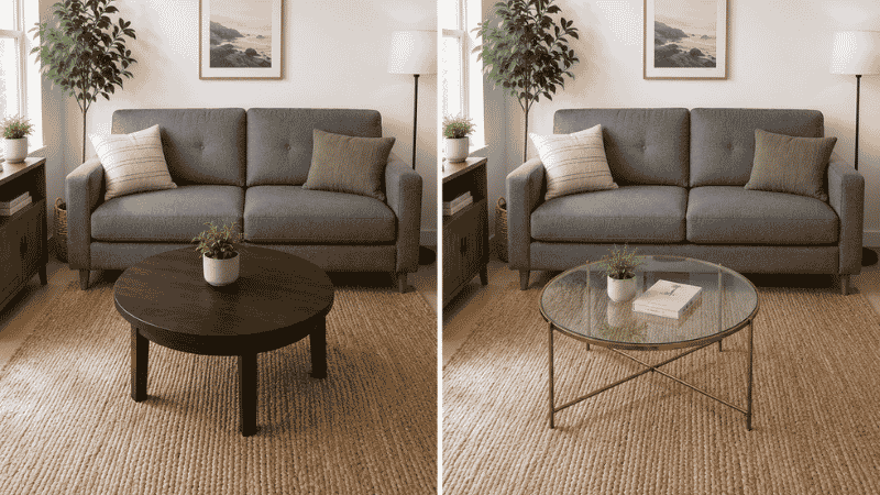 Side-by-side showing the same small living room: left with a solid dark walnut rectangular coffee table that visually dominates the space, right with a glass-top round coffee table of the same size that visually disappears letting the floor show through
