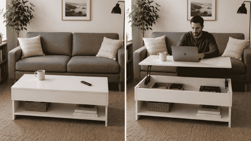 A lift-top coffee table shown in two positions: left at standard 17-inch coffee table height closed, right with the surface raised to 27-inch desk height with a laptop and coffee on it showing the dual-function work surface