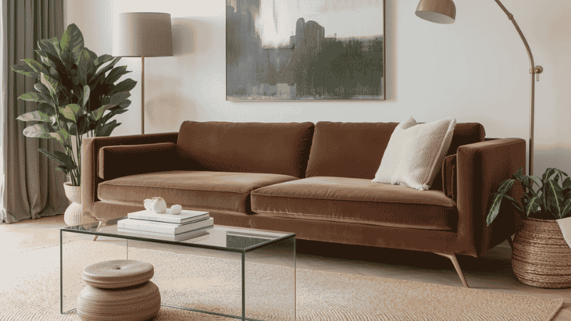 A modern small living room featuring a slim-profile velvet sofa with tapered brass legs, a transparent glass coffee table, and a large neutral jute rug to maximize visual space.