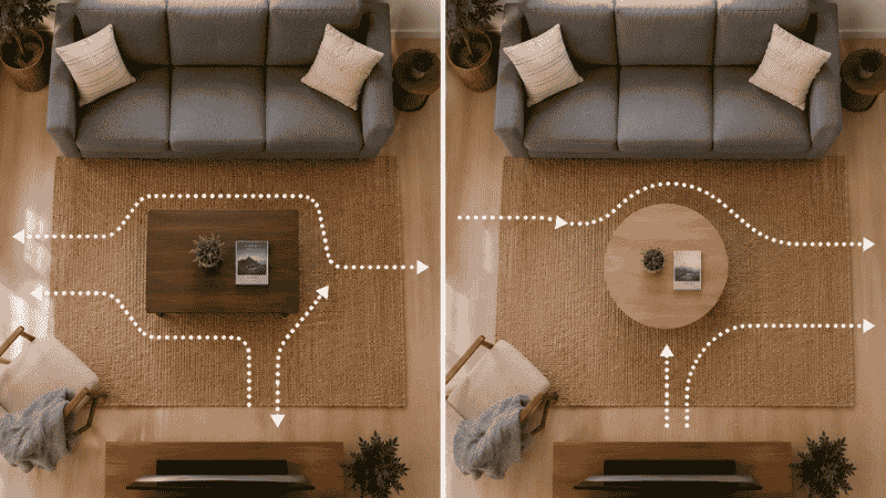 Split view of the same small living room: left shows a rectangular coffee table with sharp corners requiring navigation around corners, right shows a round table of equal surface area allowing free circulation from any direction