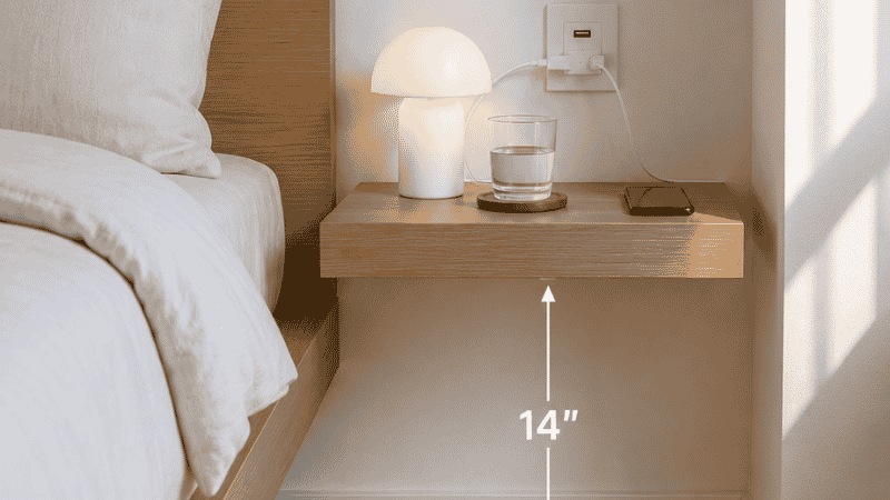 A small bedroom showing five bedside solutions side by side: a floating shelf, slim nightstand, C-table, small stool, and mini dresser — each matched to a different gap width beside the bed
