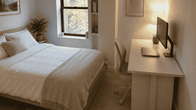 A small bedroom with a desk positioned against the wall perpendicular to the bed so the work surface is not visible from the sleeping position, showing how desk placement creates psychological separation between work and sleep zones
