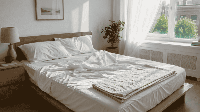 A neatly made bed in a bright small apartment bedroom with crisp white percale cotton sheets slightly wrinkled from being slept in, a window open with light morning breeze visible, showing the cool fresh-sheet aesthetic for hot sleepers
