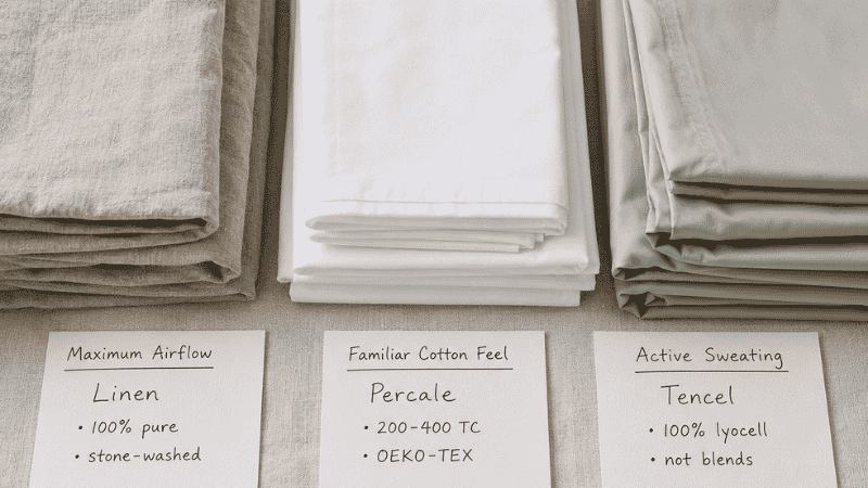 A simple decision guide showing three paths: if you want maximum airflow choose linen, if you want familiar cotton cooling choose percale, if you sweat actively choose Tencel — with the key specs and price range for each
