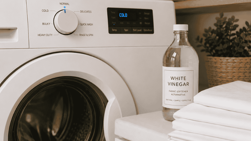 A laundry scene showing the correct care routine for cooling sheets: a cold water setting selected on a washing machine, a small bottle of white vinegar beside the machine instead of fabric softener, and folded clean linen sheets ready to be put away
