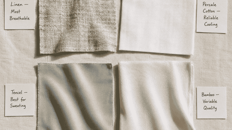 Four fabric swatches side by side showing the texture difference between linen, percale cotton, Tencel, and bamboo viscose — each labeled with its cooling level and key characteristic for hot sleepers
