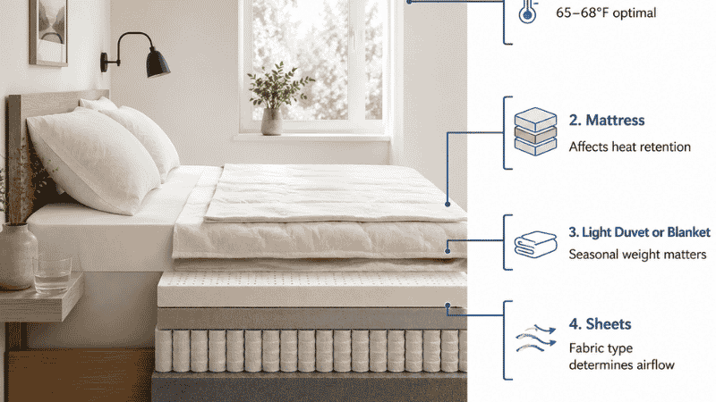 A bedroom cross-section diagram showing the four layers of a cooling sleep system: room temperature, mattress layer, duvet or blanket, and sheets — each labeled with its role in temperature regulation, showing sheets as one element of a complete system
