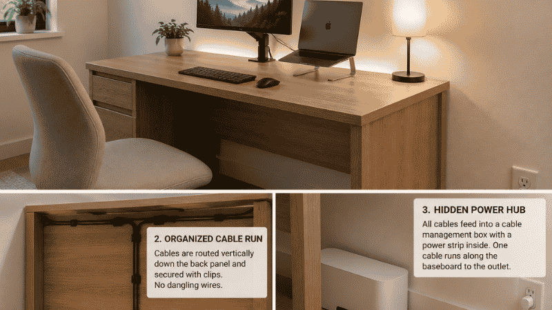 A home office desk shown from a 3/4 angle revealing the three-tier cable management system: clean surface with no visible cables on top, cables running vertically down the back, a closed cable box behind the desk leg holding the power strip with one cable to the wall outlet
