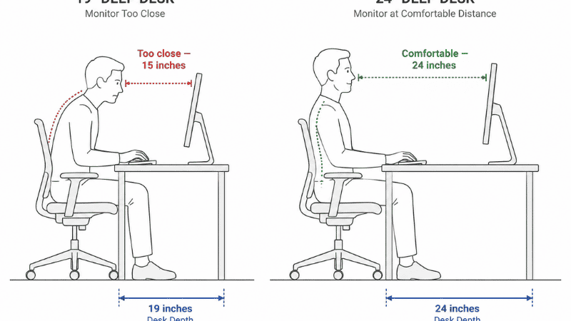 Side-profile diagram comparing a 19-inch deep desk where the monitor is too close to the user versus a 24-inch deep desk where the monitor sits at the correct 24-inch viewing distance, showing why desk depth matters more than width for home office ergonomics
