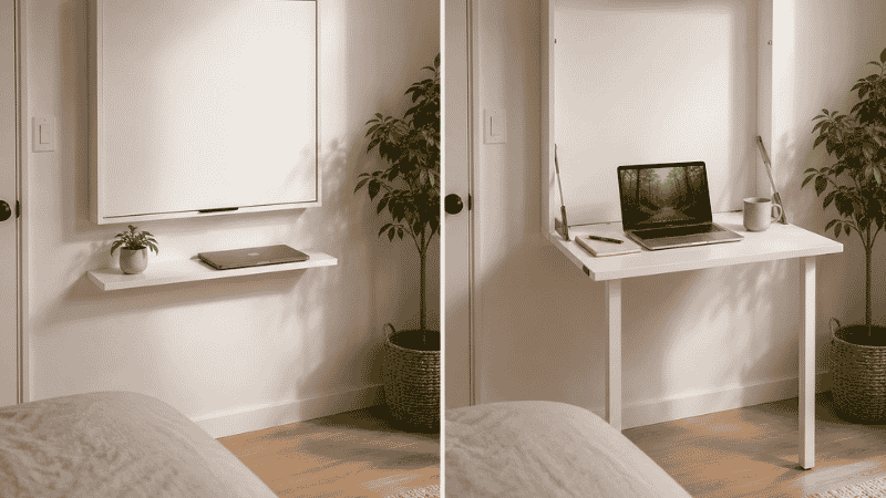 A wall-mounted fold-down desk in a small bedroom shown in two states: left closed and flush against the wall with a laptop and plant on the narrow shelf below, right open at desk height with a laptop and notebook showing a functional work surface
