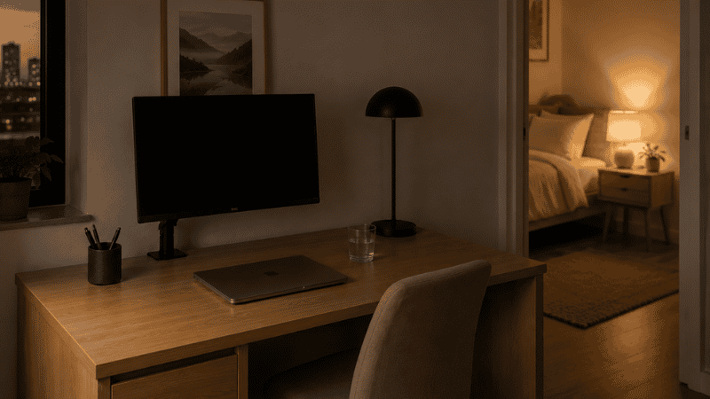 A small apartment desk at the end of the workday: laptop closed, desk lamp switched off, monitor dark, the desk surface in shadow — showing how closing down the work setup creates the psychological signal that the workday is over
