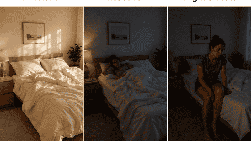Three small bedroom scenes showing three types of hot sleeping: left showing a summer room with no AC and heavy duvet, center showing a person waking up warm in the early hours, right showing a person sitting on the bed edge in the dark suggesting frequent waking — distinguishing ambient, reactive, and night sweat patterns
