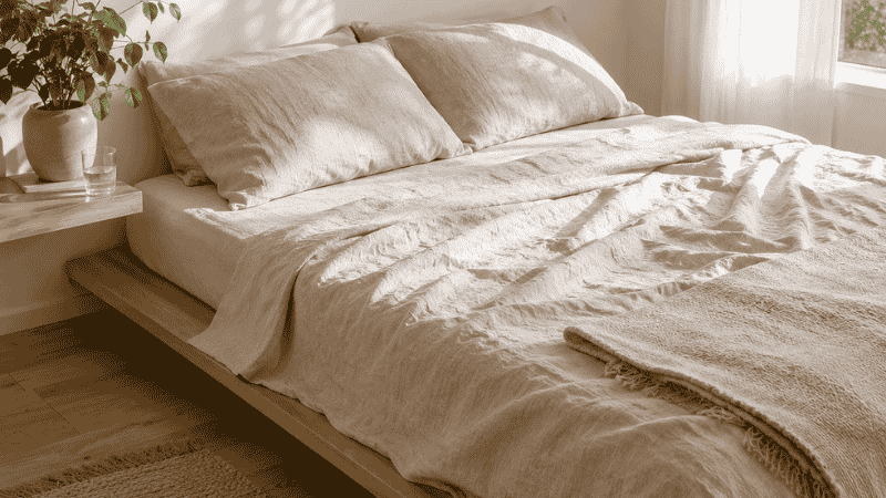 A platform bed in a small bedroom made up with stone-washed natural linen sheets showing their characteristic relaxed texture and slight wrinkle — the airy drape and visible weave demonstrating why linen is the most breathable sheet material
