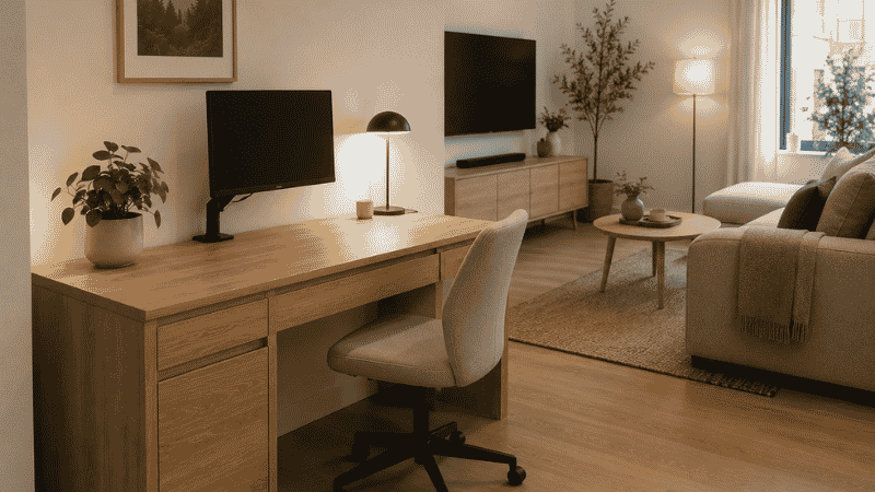 A desk in a small living room that looks like furniture rather than office equipment: light wood finish with closed cabinet storage below, positioned against a side wall away from the TV, clean top surface with monitor and lamp — blending into the living room aesthetic
