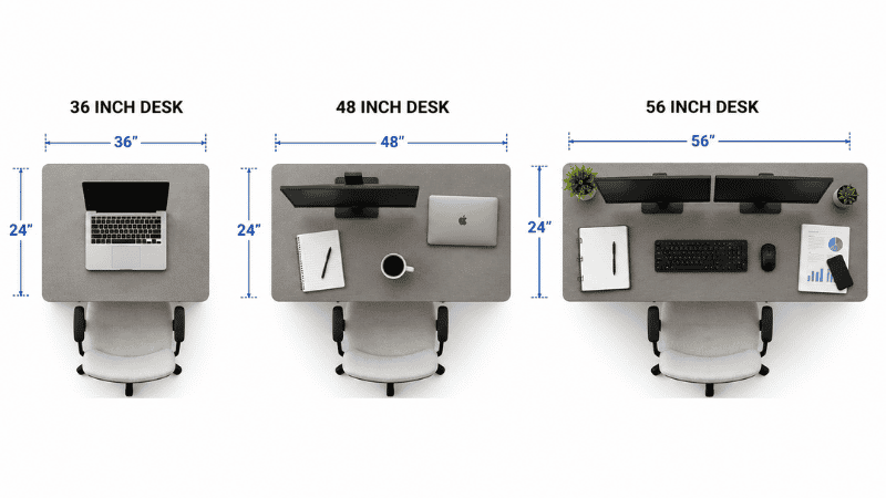 Three desk widths shown from above: 36-inch desk with laptop only, 48-inch desk with laptop plus monitor and notebook, 56-inch desk with dual monitors — showing which setup each width supports
