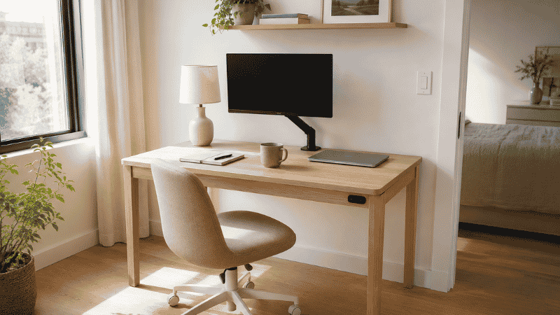 A small apartment home office setup: a 48-inch light oak desk against the wall with a monitor at eye level, closed laptop to the side, a desk lamp from the left, and a clean cable-managed surface — showing a functional work zone in a small space