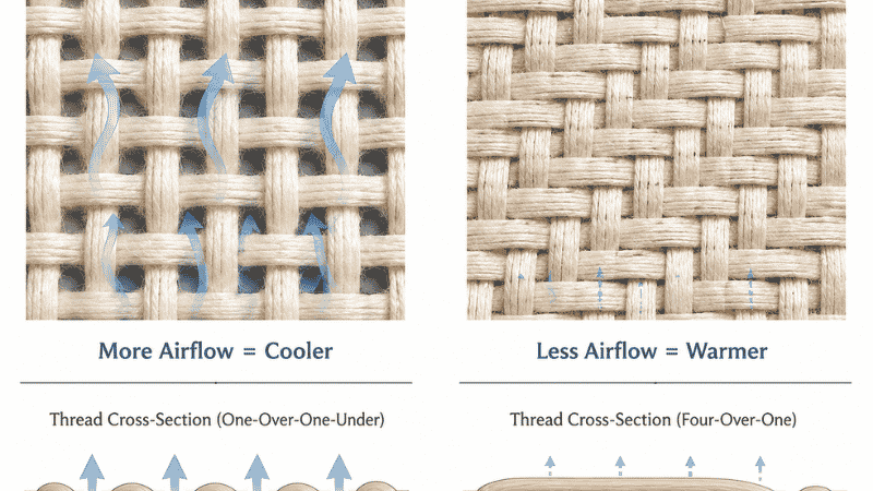 A microscopic-style diagram showing two weave patterns side by side: left shows percale one-over-one-under weave with open air spaces between threads allowing airflow arrows through, right shows sateen four-over-one weave with a tighter surface and fewer airflow arrows — demonstrating why lower thread count percale is cooler than high thread count sateen
