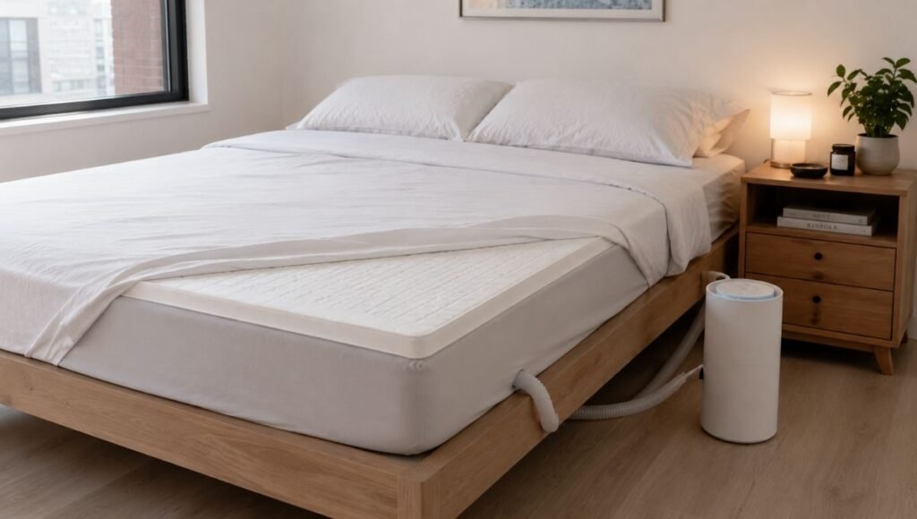 A small apartment bedroom showing an active water-cooling mattress topper with the bedside control unit (approximately the size of a large thermos) sitting on the floor beside the platform bed, with a slim hose connecting to the topper on the bed

