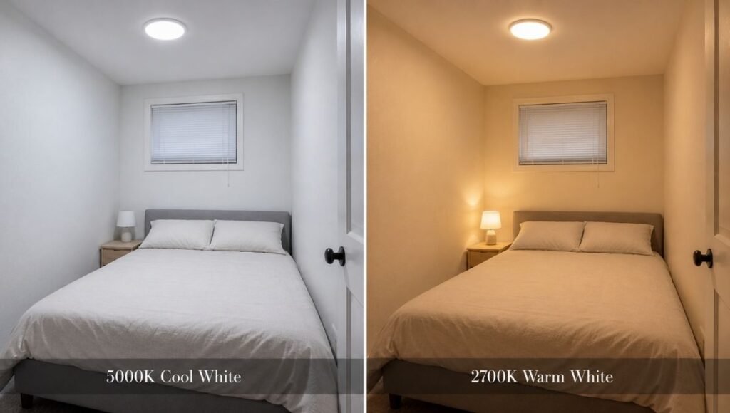 The same small bedroom photographed under two different light bulbs: left at 5000K showing a flat clinical appearance with cool shadows, right at 2700K showing the same room transformed with warm amber tones and soft wrap-around shadows
