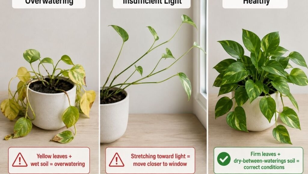 Three plant diagnosis scenarios: left shows yellowing leaves from overwatering with wet soggy soil, center shows a leggy stretched plant reaching toward distant light indicating insufficient light, right shows a healthy plant in better conditions — helping identify why bedroom plants fail

