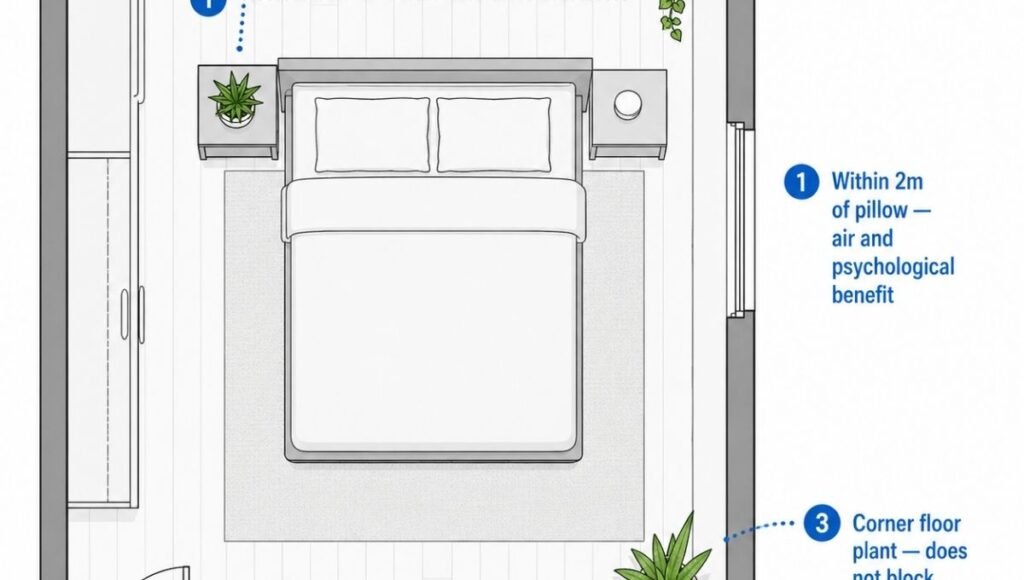 A small bedroom floor plan top-down view showing correct plant placement: one plant on the nightstand within 2 meters of the bed, one plant on a floating shelf using wall space, one plant in a corner on the floor — with placement distances annotated
