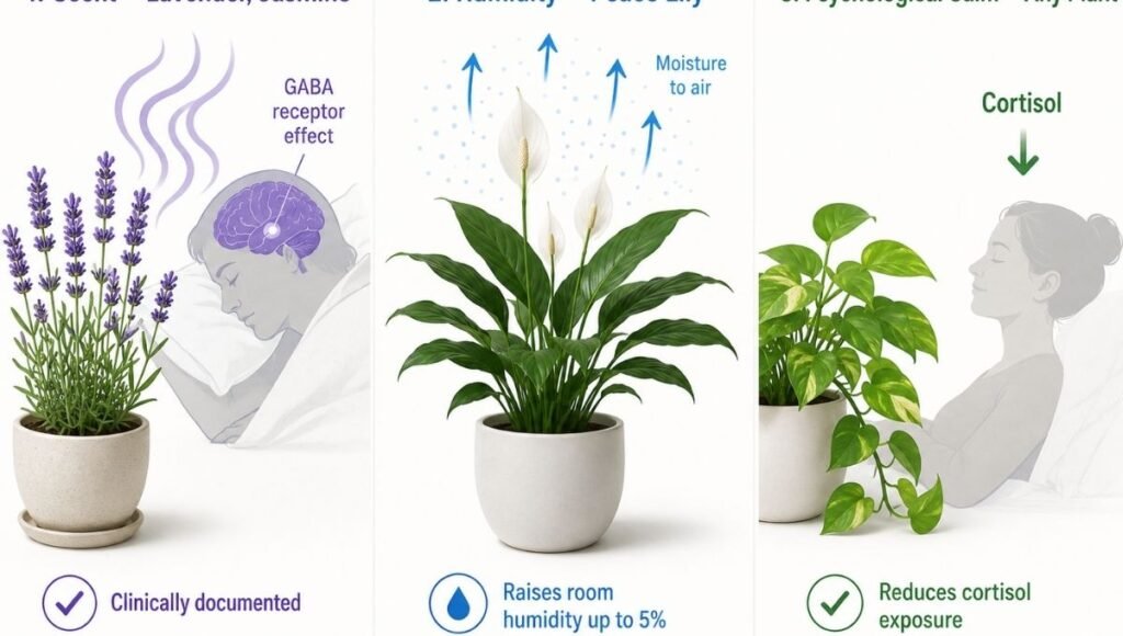 A diagram showing three bedroom plant sleep mechanisms: left scent mechanism with lavender releasing aromatic compounds toward a sleeping person, center humidity mechanism with peace lily showing transpiration arrows, right psychological calm mechanism with any green plant and a relaxed person
