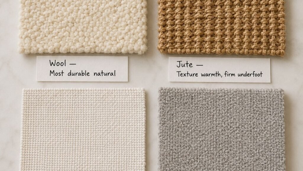 Four bedroom rug material swatches shown side by side: wool showing dense soft texture, jute showing natural coarse weave, cotton showing smooth woven surface, and synthetic polypropylene showing uniform pile — each labeled with its key properties for bedroom use

