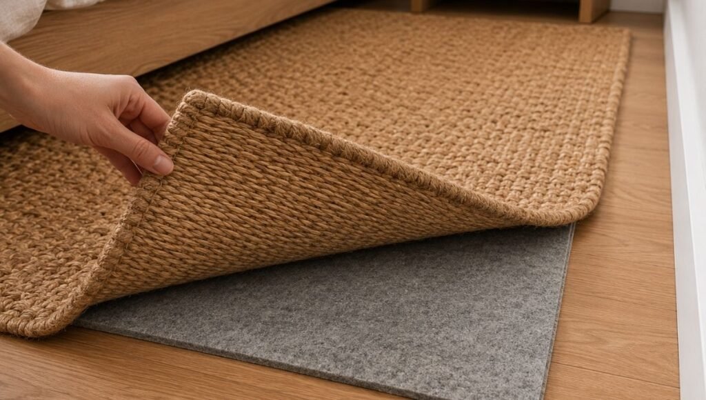 A bedroom rug being lifted at one corner to reveal a non-slip rug pad underneath, showing the pad is slightly smaller than the rug on all sides and sits flat on the hardwood floor preventing shifting
