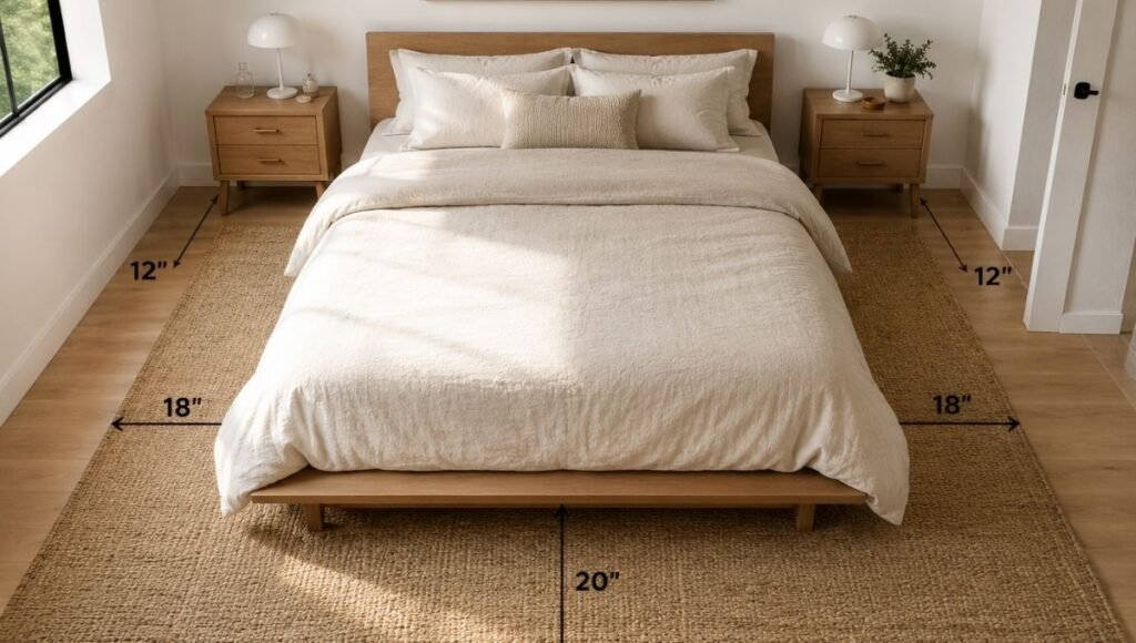 A small apartment bedroom with a jute rug correctly placed two-thirds under a queen bed, extending 18 inches on each side and at the foot, showing the correct bedroom rug placement with proper wall clearance on all sides
