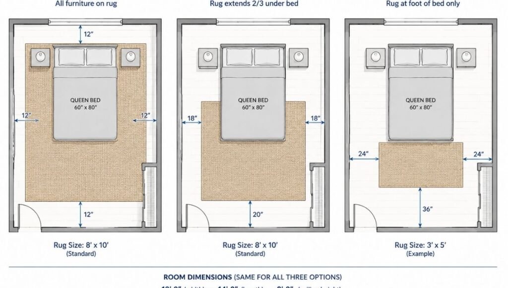 Top-down floor plan showing three bedroom rug placement options side by side: left full-under with all furniture on the rug, center two-thirds under with nightstands off the rug, right foot-of-bed only with a small rug at the foot
