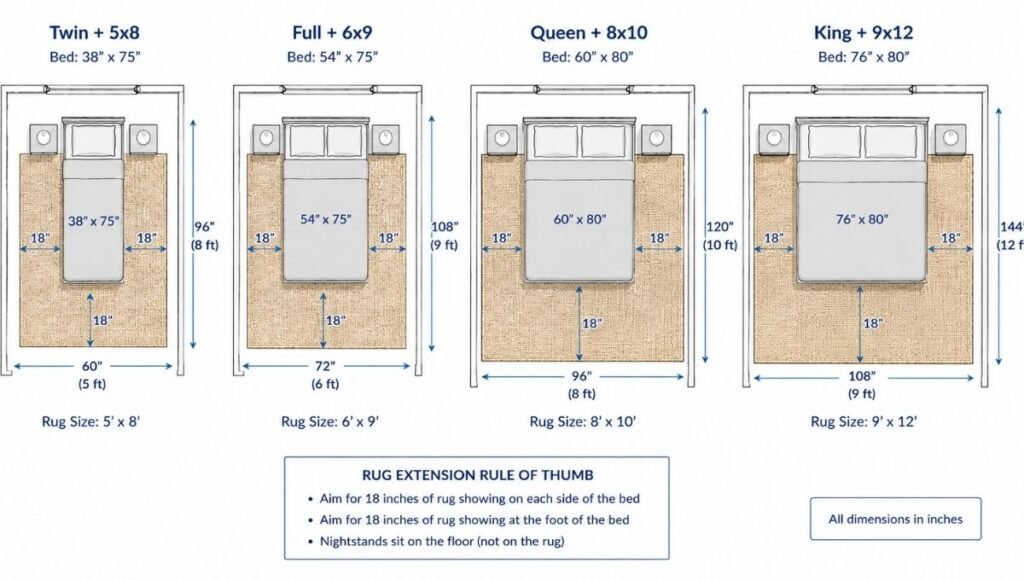 A visual comparison showing four bed sizes from above with their correct rug sizes overlaid: twin bed with 5x8 rug, full bed with 6x9 rug, queen bed with 8x10 rug, king bed with 9x12 rug — showing how rug size scales with bed size
