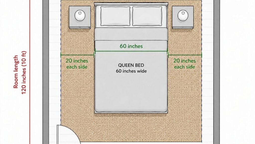 A top-down bedroom floor plan showing the dual calculation: room width 120 inches minus 20 inches for wall gaps equals 100-inch maximum rug width, minus queen bed 60 inches equals 40 inches split for 20 inches per side
