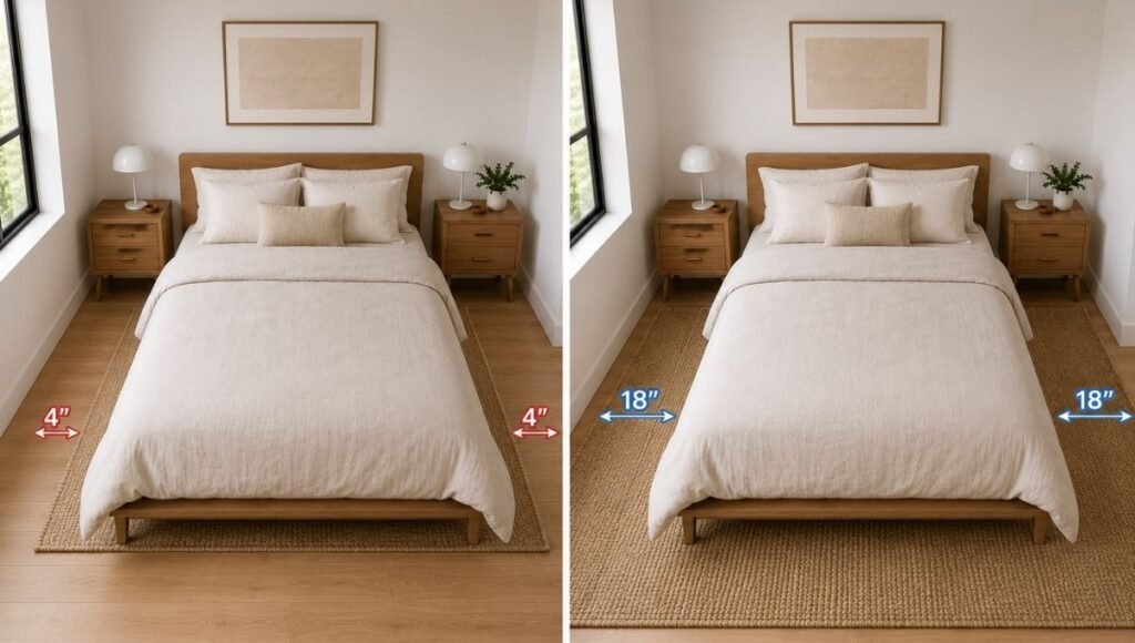 Split view of the same queen bed: left shows a 5x7 rug that is clearly too small — barely peeking out from under the bed with almost no visible border, right shows an 8x10 rug correctly extending 18 inches on each side looking anchored and intentional
