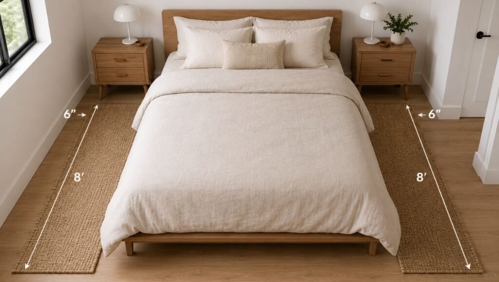 A small bedroom with two narrow runners placed one on each side of the bed instead of one large rug under the bed, showing the two-runner alternative solution for tight bedrooms where a single rug would be too large
