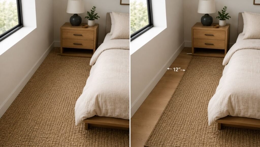 Split view: left shows a rug touching the wall looking like fitted carpet and making the room feel smaller, right shows the same rug with a 12-inch gap from the wall looking intentional and designed

