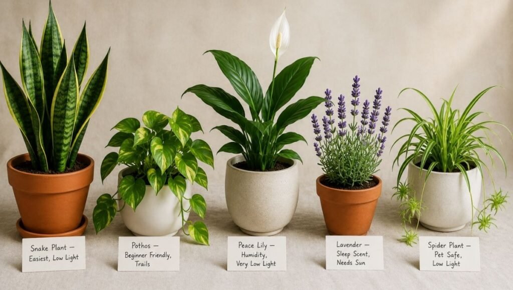 Five best bedroom plants shown side by side in appropriate pots: snake plant, pothos, peace lily, lavender, and spider plant — each with a small label showing its primary benefit and light requirement
