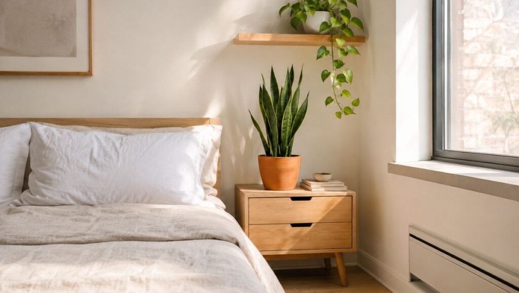 A small apartment bedroom in the morning showing two bedroom plants in their correct positions: a medium snake plant on the nightstand beside the bed and a trailing pothos on a floating shelf above — both thriving in low light, demonstrating the best plants for a bedroom
