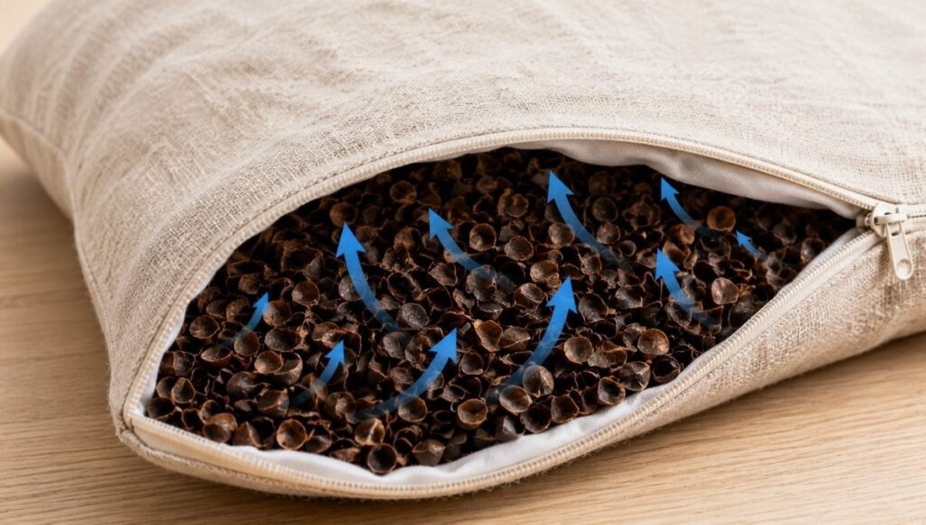 A buckwheat pillow shown with one corner unzipped revealing the buckwheat hulls inside — small concave shells with visible gaps between them showing the open structure that allows air to circulate throughout the pillow rather than trapping heat
