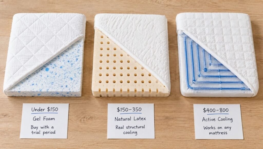 A decision guide showing three budget levels for cooling mattress toppers: under $150 for gel foam on innerspring beds, $150–350 for natural latex as the best passive upgrade, $400–800 for active water-cooling systems for serious hot sleepers
