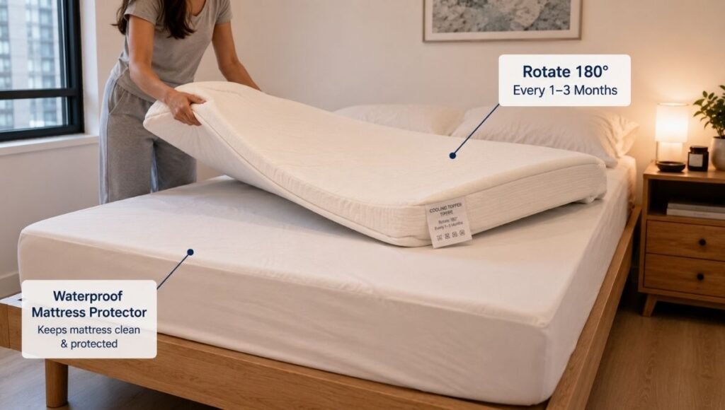 A small bedroom scene showing a mattress topper being rotated — one end lifted and flipped — with a mattress protector visible beneath it, demonstrating the correct care routine: rotate every 3–6 months and use a protector to prevent moisture saturation
