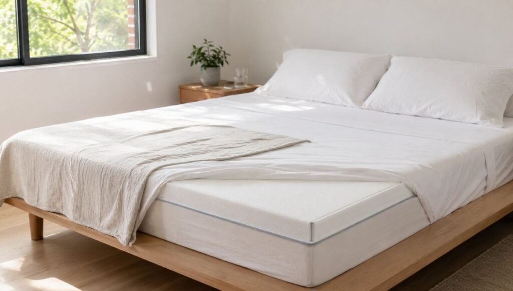 A platform bed in a small apartment bedroom with a visible white mattress topper layer between the mattress and fitted sheet, showing how a cooling mattress topper adds a distinct functional layer to the bed setup
