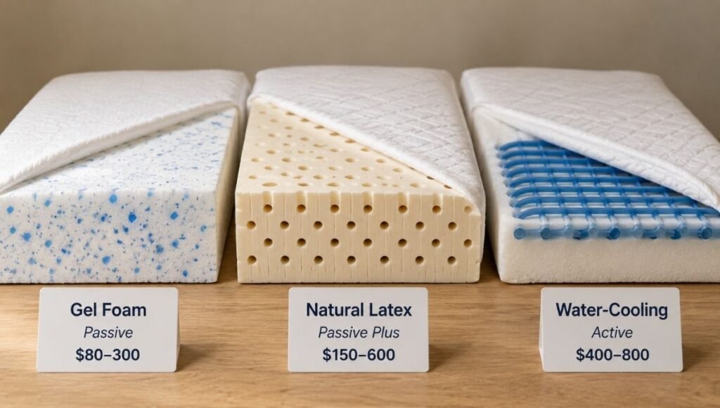 Three mattress topper cross-section samples shown side by side: left shows gel foam with visible blue gel particles, center shows natural latex with open-cell foam structure, right shows the microtube grid of a water-cooling active system
