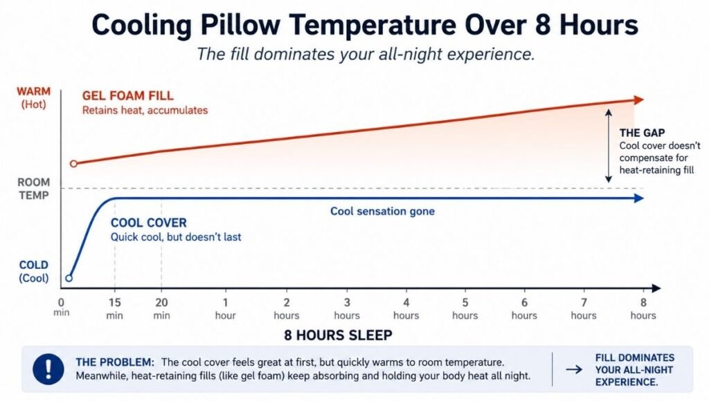 A timeline diagram showing cooling pillow performance: at minute 0 the cool cover feels cold, by minute 20 the cover reaches skin temperature and loses cooling sensation, while the gel foam fill retains heat all night — showing why fill matters more than cover
