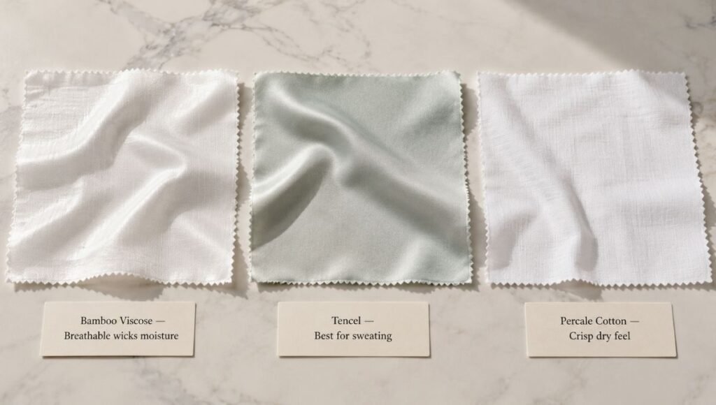 Three pillow cover fabric swatches side by side showing texture differences: left bamboo viscose with a subtle sheen, center Tencel with a silky smooth surface, right percale cotton with a crisp matte texture — each labeled with its moisture-wicking properties for hot sleepers
