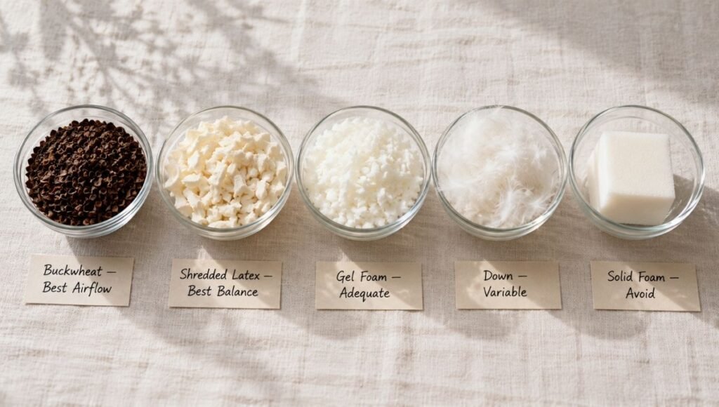 Five pillow fill materials shown side by side in small clear bowls: buckwheat hulls, shredded latex pieces, shredded gel memory foam, down feathers, and solid memory foam — each labeled with its cooling level for hot sleepers
