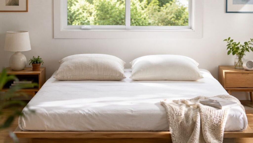 A bedroom with a cooling pillow on a neatly made bed with percale cotton sheets, showing a buckwheat pillow and a shredded latex pillow side by side — the two best fill options for hot sleepers
